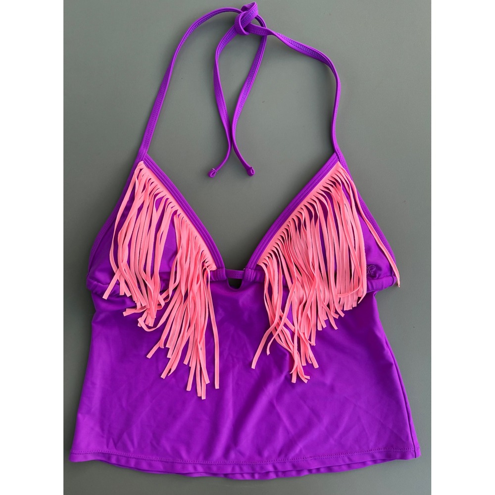 Op Ocean Pacific Purple Neon Pink Fringe Tankini Swimsuit Set Womens Medium